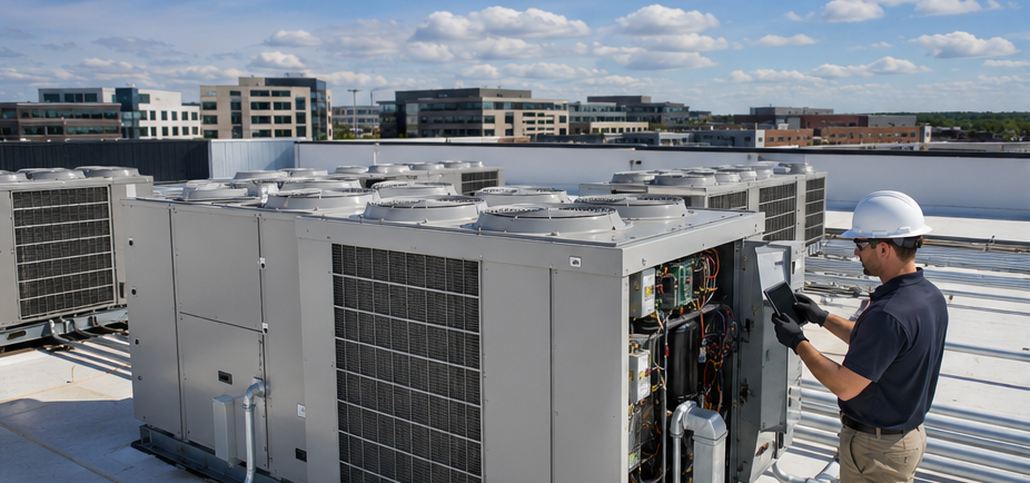 Technician servicing rooftop HVAC unit on a commercial building under a cloudy sky