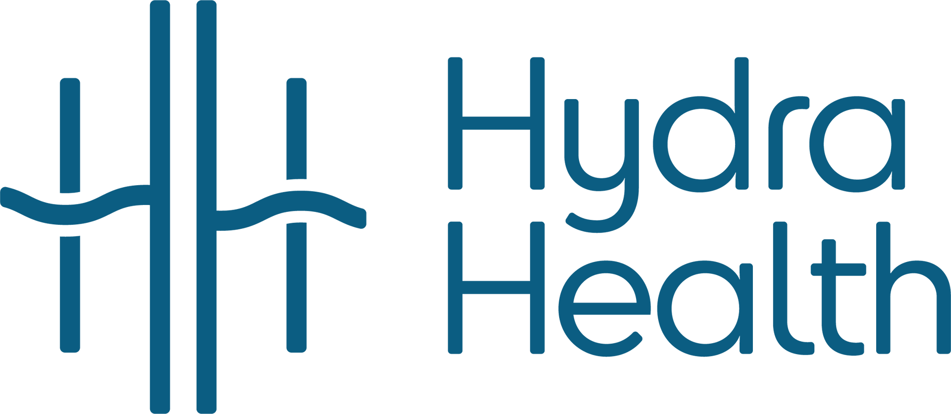 The logo for hydra health is blue and has a wave in the middle.