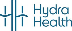The logo for hydra health is blue and has a wave in the middle.