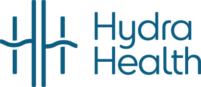 The logo for hydra health is blue and has a wave in the middle.