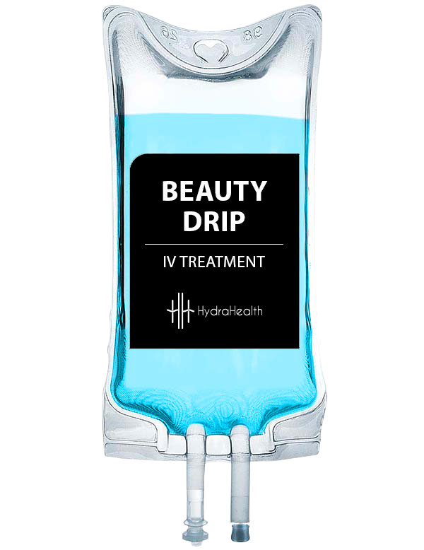 A beauty drip iv treatment bag filled with blue liquid.