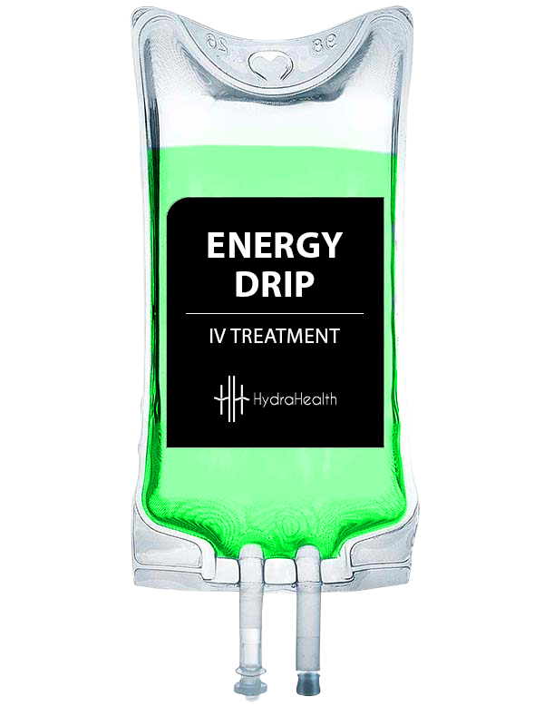 A bag of green liquid with a black label that says energy drip iv treatment.