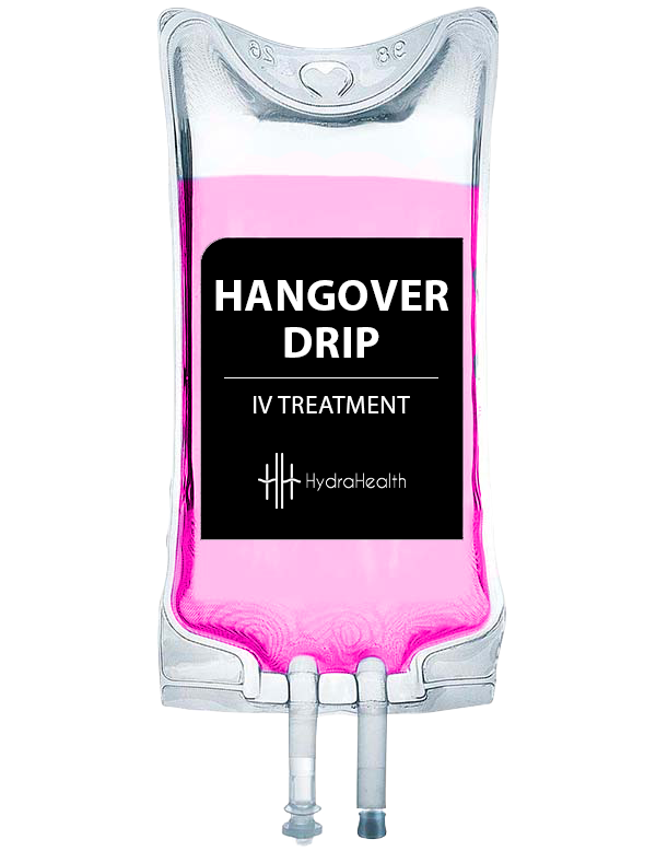 A hangover drip iv treatment bag with pink liquid in it.