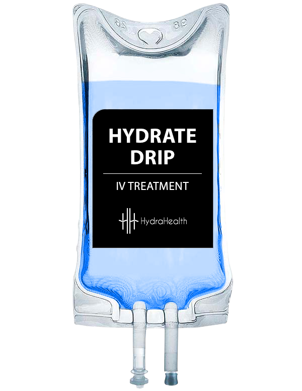 A bag of hydrate drip iv treatment on a white background.