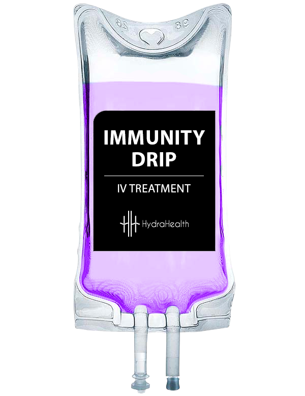 A bag of purple liquid with the words `` immunity drip iv treatment '' on it.