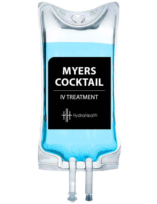 A bag of myers cocktail iv treatment is filled with blue liquid.