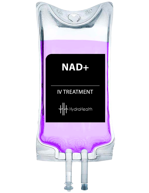 A bag of nad + iv treatment is filled with purple liquid.