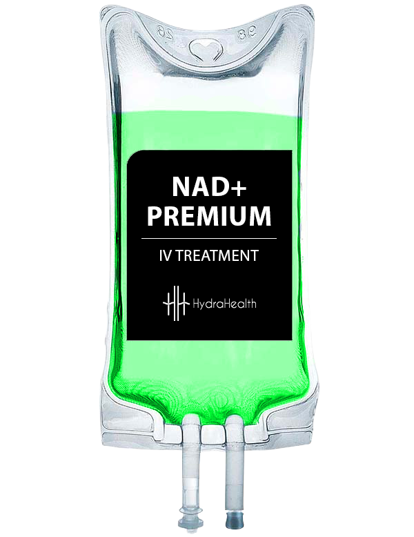 A bag of nad + premium iv treatment on a white background.
