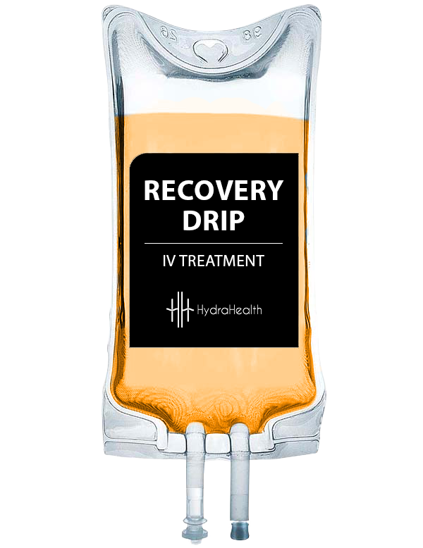 A bag of recovery drip iv treatment on a white background.