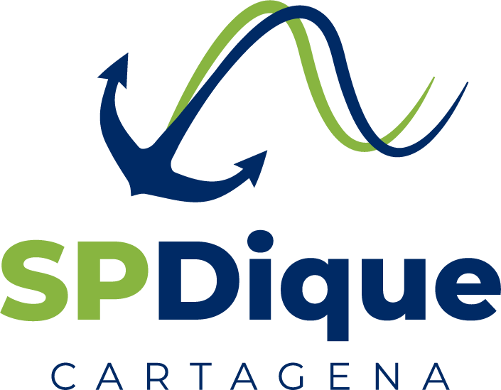 Logotipo de SPDique Cartagena con un gráfico de olas azules y verdes y un ancla