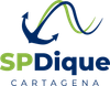 Logotipo de SPDique Cartagena con un gráfico de olas azules y verdes y un ancla