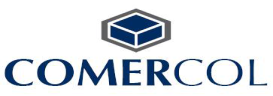Logotipo de COMERCOL con texto azul y un icono de cubo azul encima