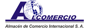 Logotipo de ALCOMERCIO en morado y gris, con un globo terráqueo y el texto «Almacén de Comercio Internacional S. A.»
