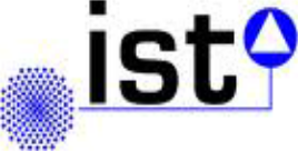 Logotipo con un círculo punteado azul, el texto negro «ist» y un símbolo de triángulo azul dentro de un círculo.