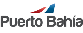 Logotipo de Puerto Bahía en texto gris, con formas rojas y azules similares a velas sobre el nombre