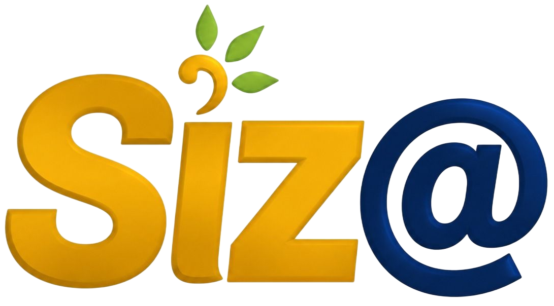 Logotipo estilizado de «Siz@» en dorado y azul, con hojas verdes encima de la S