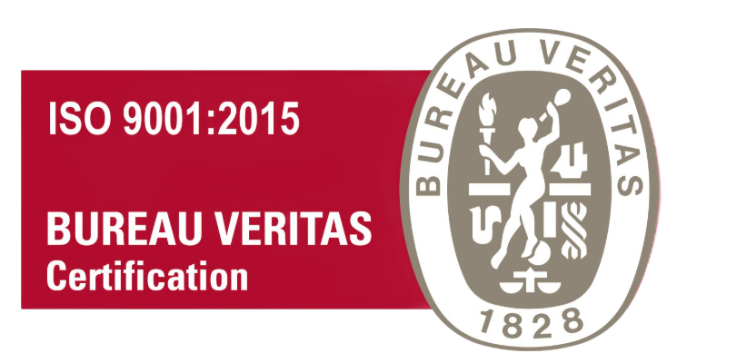 Logotipo de Bureau Veritas Certification con el texto ISO 9001:2015 en rojo y gris