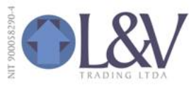 Logotipo de L&V Trading Ltd con un emblema circular azul y texto morado sobre fondo blanco