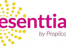 Logotipo magenta de «esenttia» con puntos amarillos y el texto pequeño en gris «by Propilco»