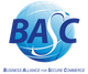 Logotipo de BASC con un globo azul y letras azules estilizadas, con la inscripción «Business Alliance for Secure Commerce»