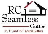 Logo for RC Seamless Gutters: text with house icon, gutter sizes listed below.