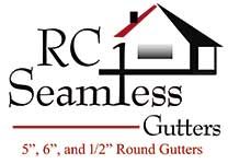 Logo for RC Seamless Gutters: text with house icon, gutter sizes listed below.