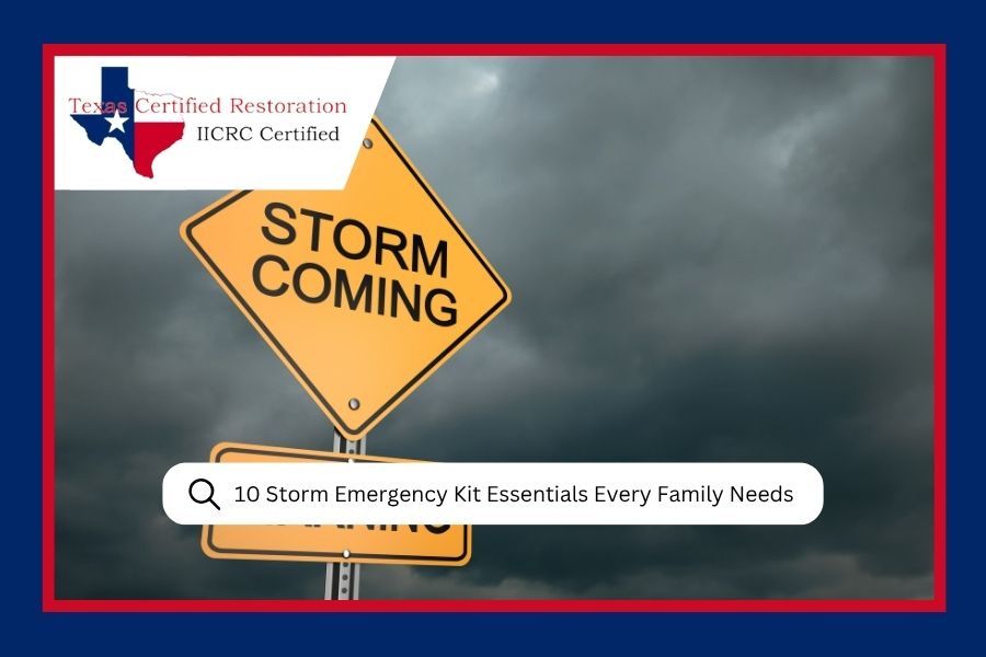 Storm warning sign against dark sky with search bar about emergency essentials