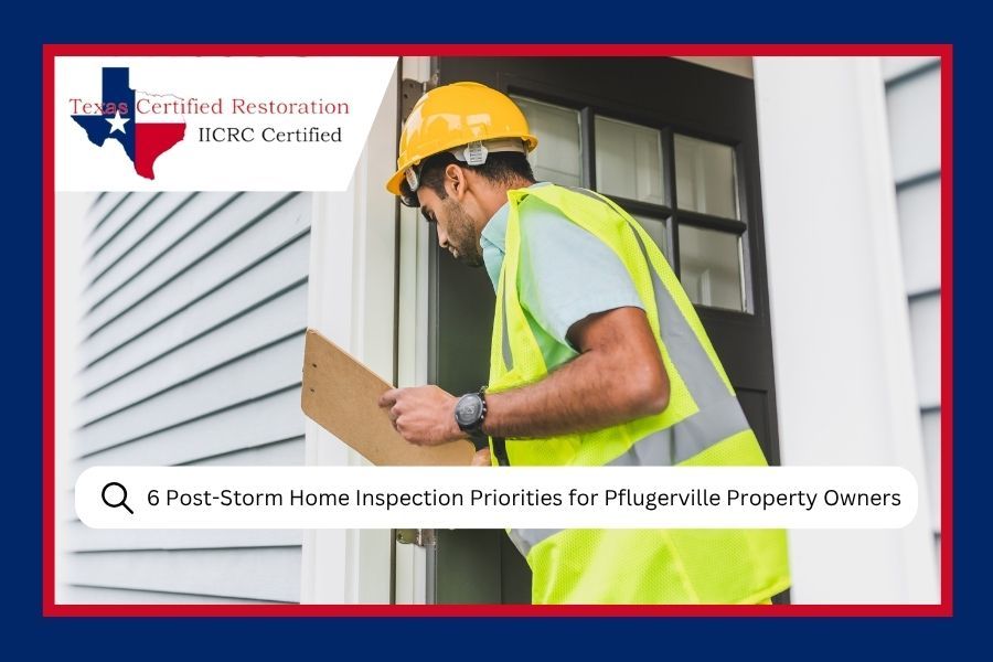 Worker in yellow safety vest and hard hat inspecting white vinyl siding on a house exterior.