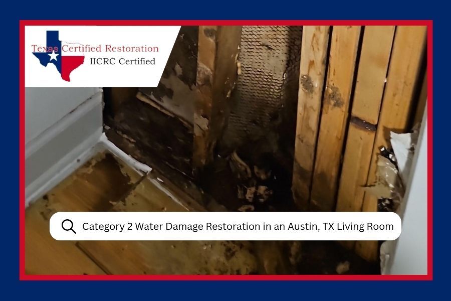 Flood-damaged wall in a living room, with exposed wood and mold near a restoration logo.
