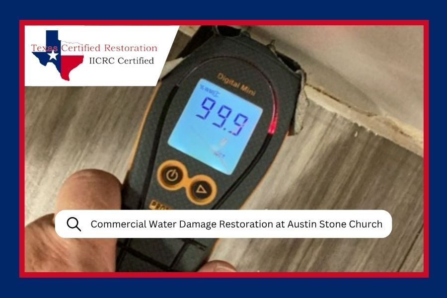 Moisture meter reading 99.9 on a water-damaged church floor, with restoration logo and search bar overlay