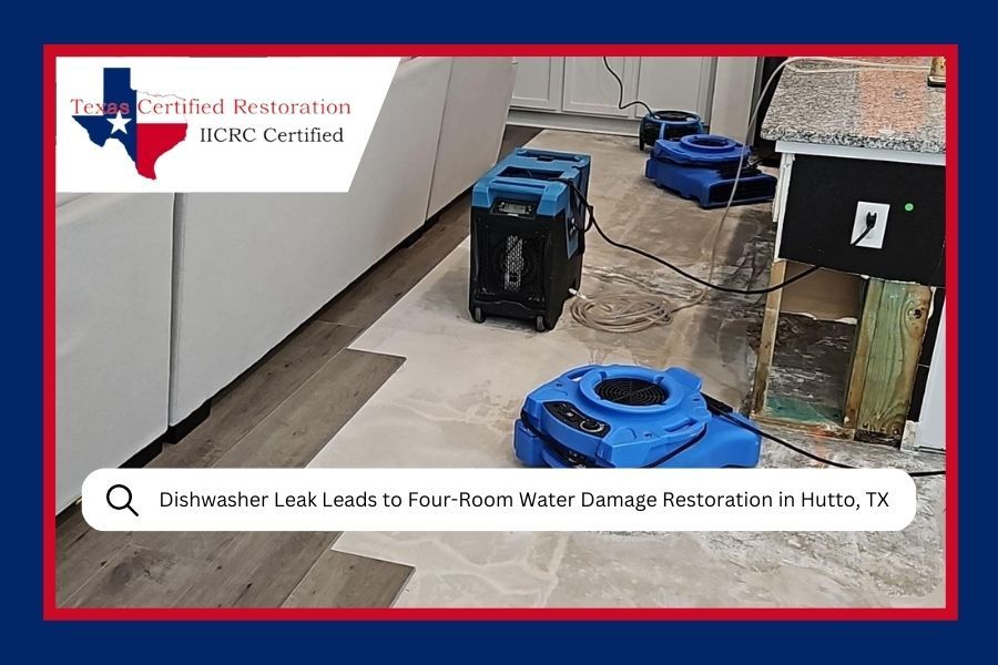 Water damage restoration in a home: Fans and equipment drying a flooded floor. The text says