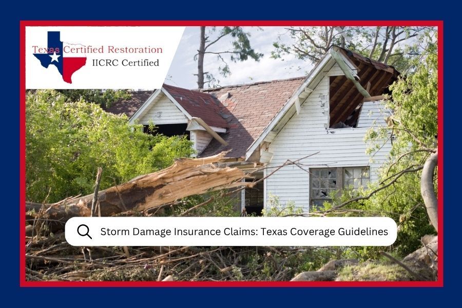 Storm damage insurance claims text over a damaged white house after a tornado.