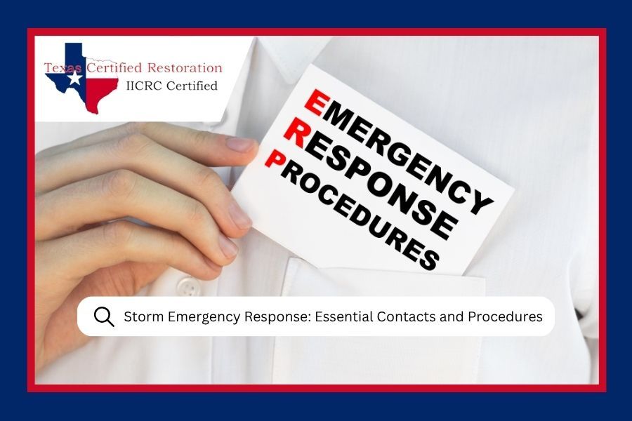 Hands holding a white emergency procedures card with red and black text and a search bar graphic.