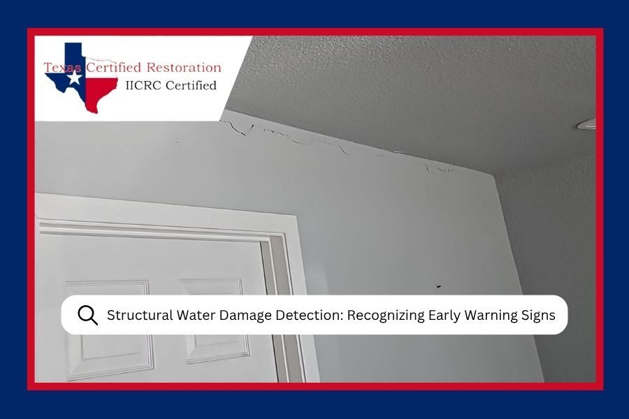 Water damage inspection view with search bar overlay on a ceiling and wall inside a home