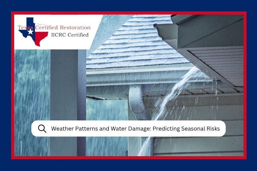 Roof and gutters with heavy rain; search bar reads “Weather Patterns and Water Damage: Protecting Seasonal Risks”