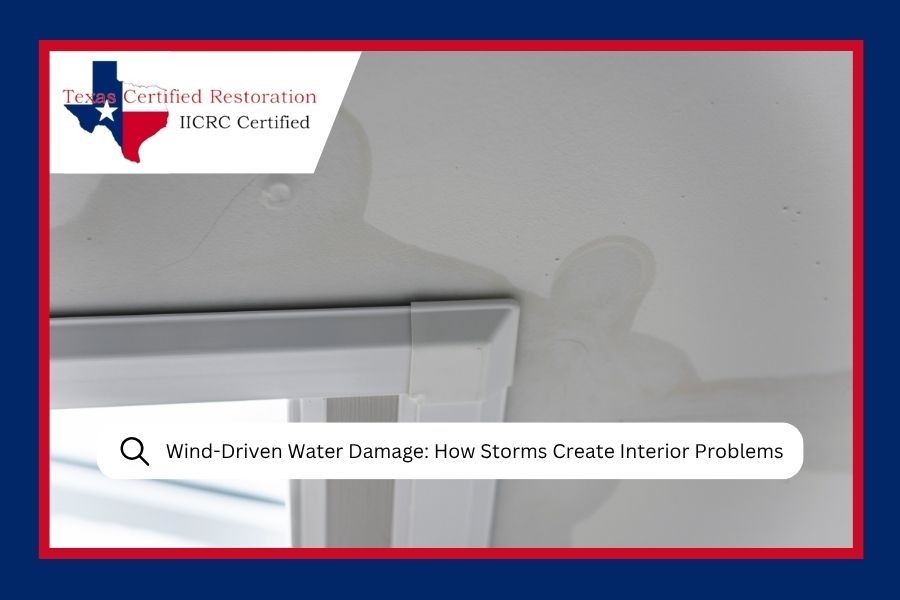 Certified Restoration logo with text: “Wind Driven Water Damage: How Storms Create Interior Problems”