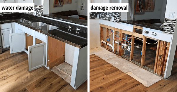 Before and After Photo of a damaged kitchen