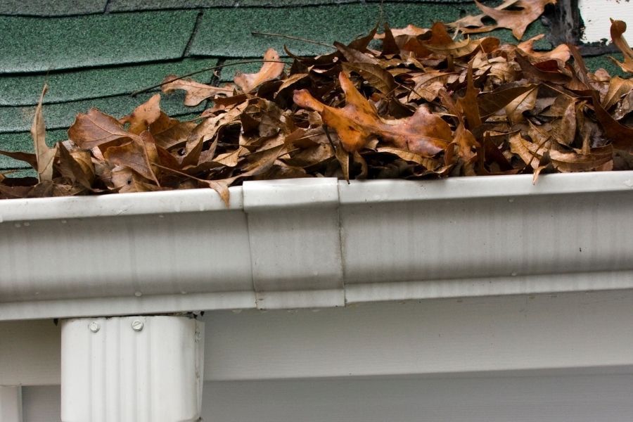 Roof gutters clogged with leaves and debris, a common cause of preventable water damage during spring storms