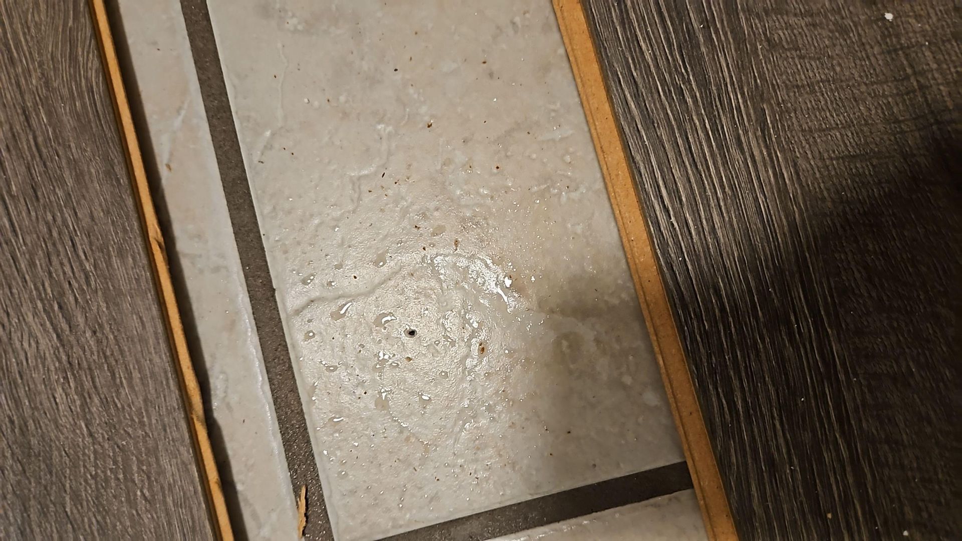 Hallway laminate flooring showing water damage from AC leak