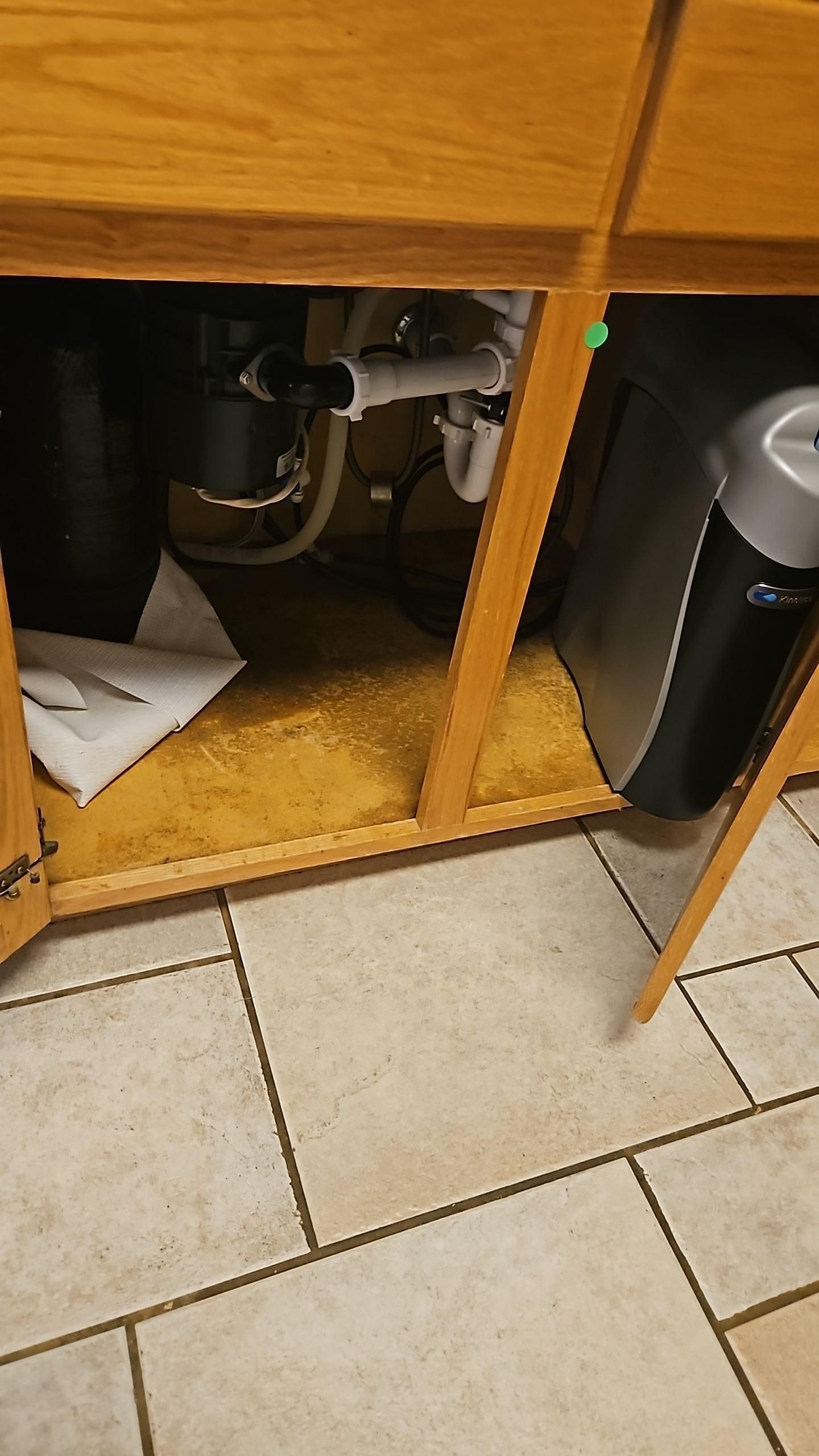 Kitchen cabinets and flooring showing water damage from under-sink filtration system failure