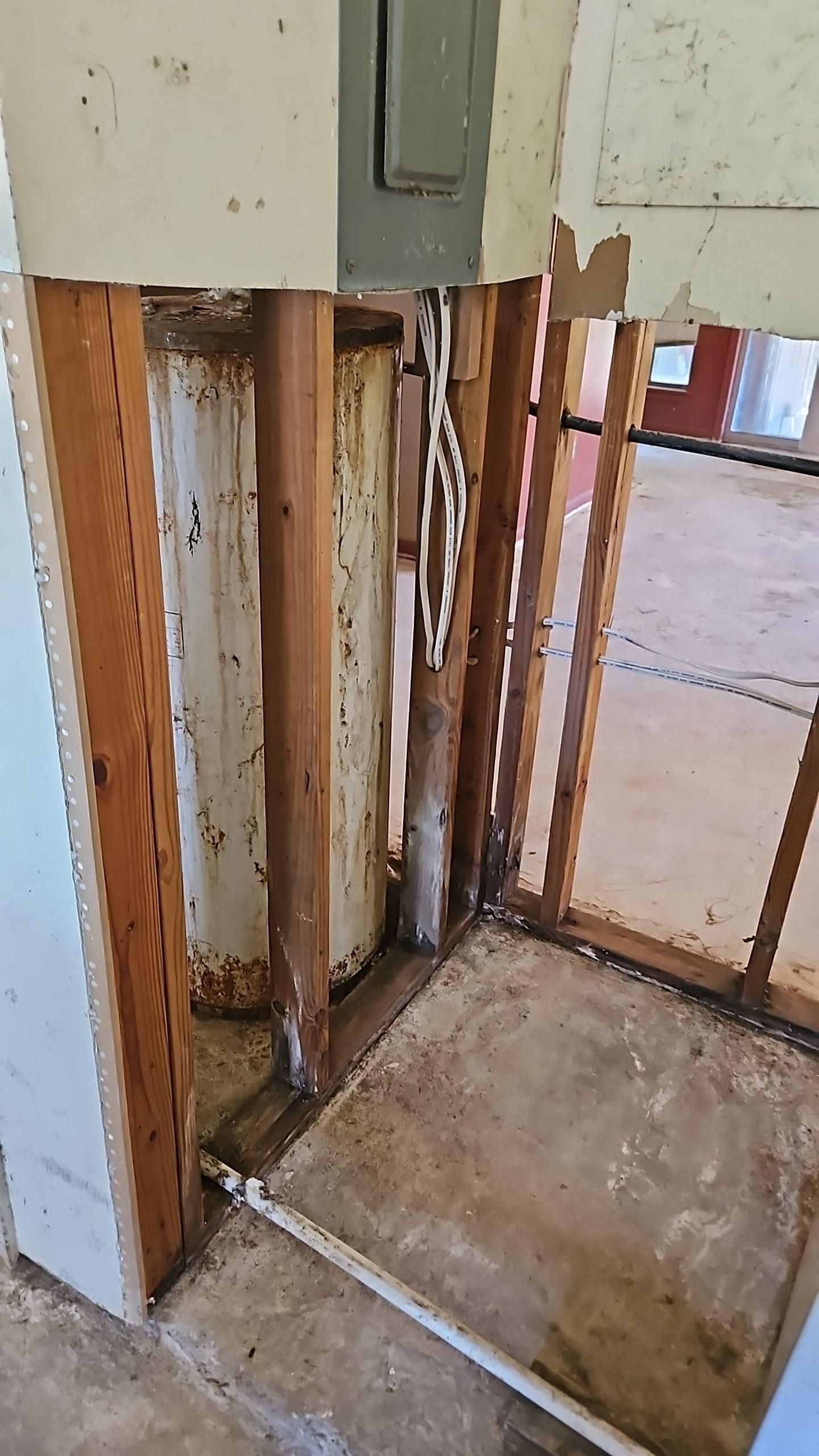Drywall demolition in progress exposing framing during multi-room mold remediation in Pflugerville Texas