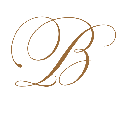 Stylized gold script letter B on a white background