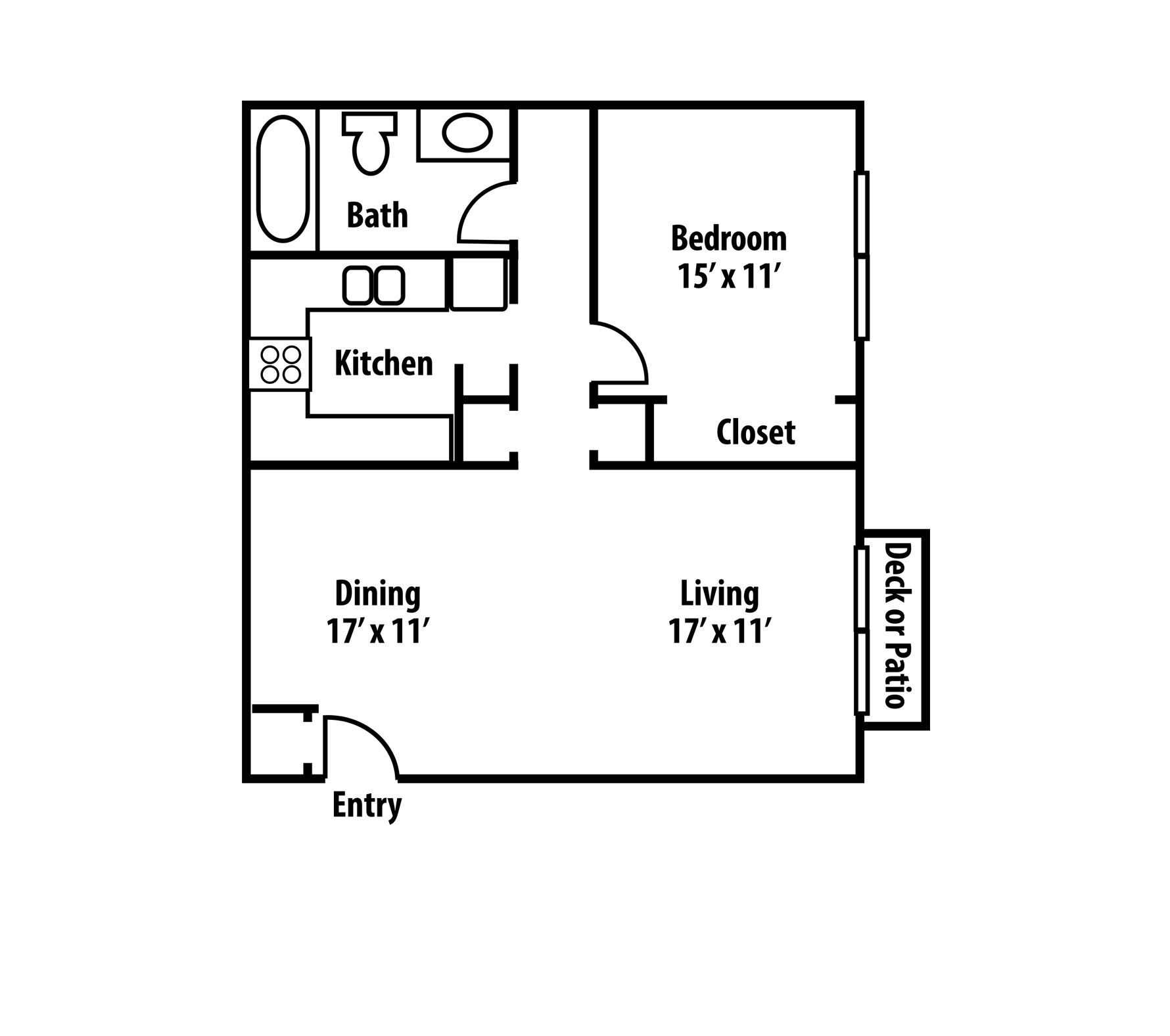Floor plan of a one-bedroom apartment with a kitchen, dining area, living room, and deck.