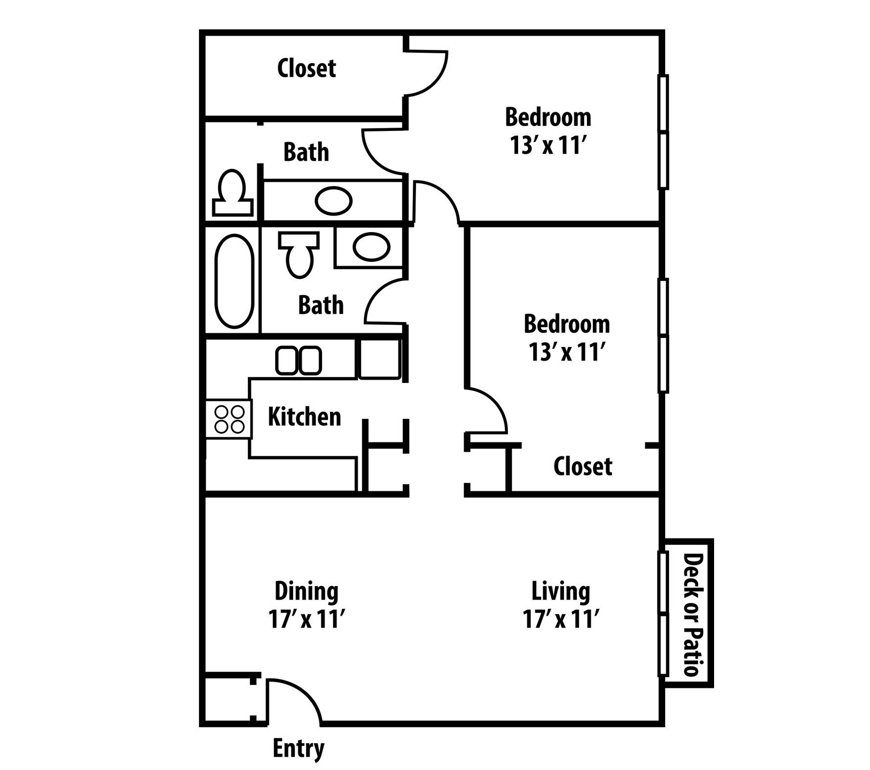 Floor plan of a two-bedroom apartment with a kitchen, dining, living, and deck or patio.