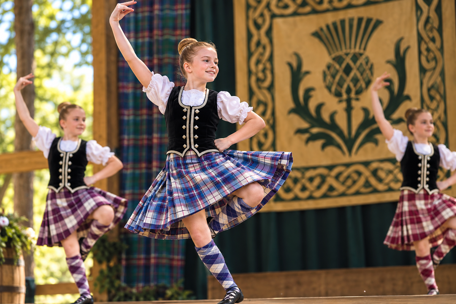 Dancers in plaid skirts perform a traditional dance on an outdoor stage with a tartan backdrop