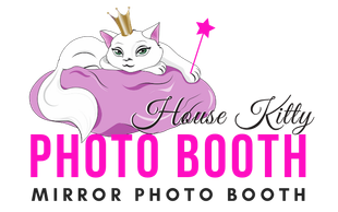 Logo for House Kitty Photo Booth, featuring a white cat with a crown and wand, above pink text.