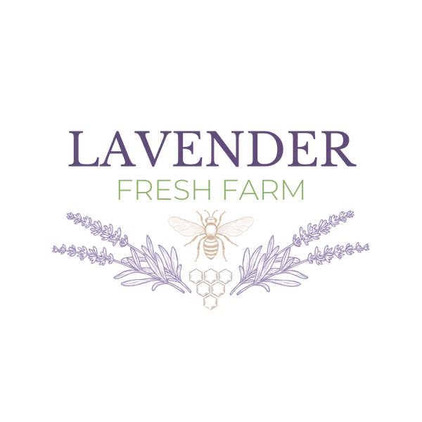 Lavender Fresh Farm logo with purple and green text and lavender floral accents