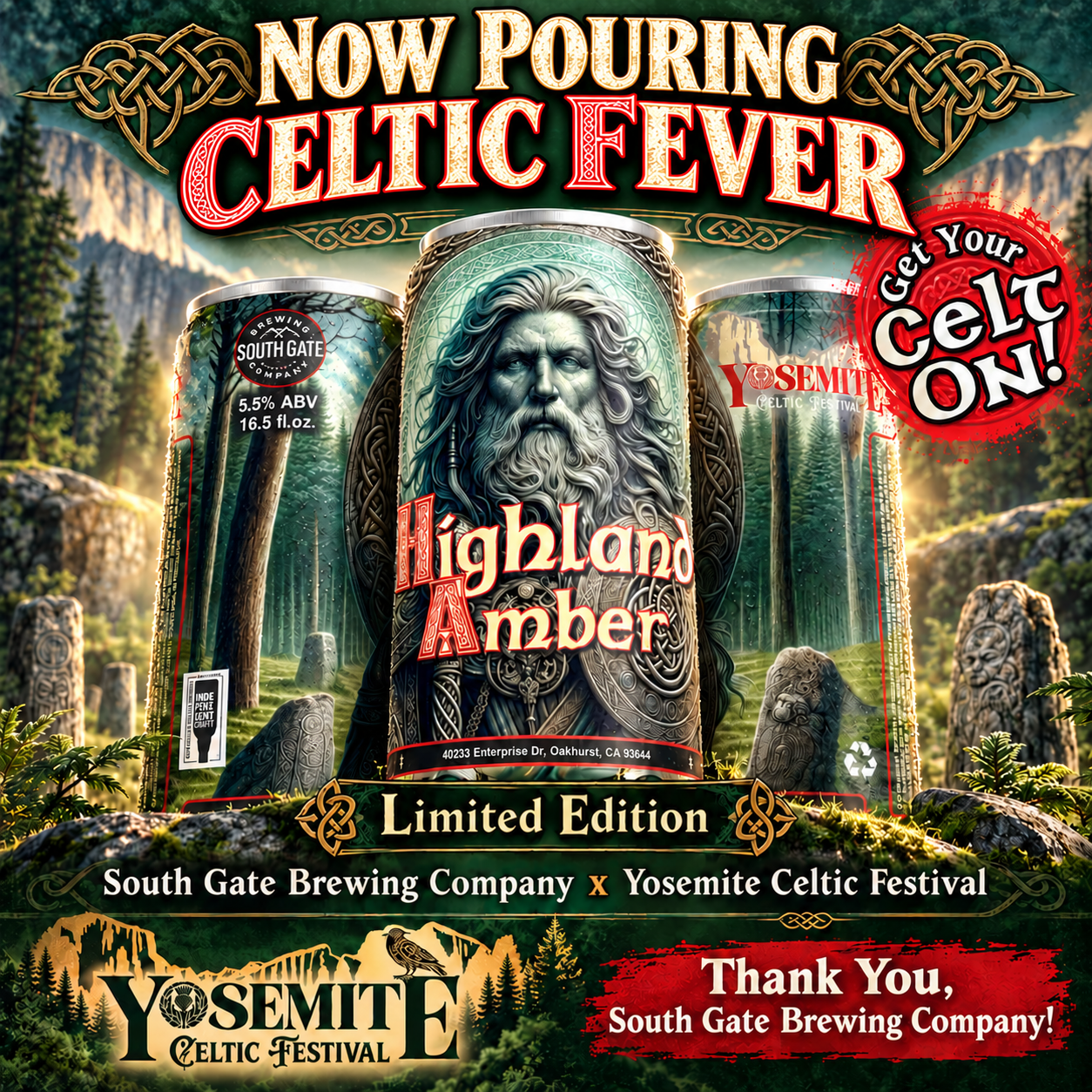 Poster for Highland Amber beer at Yosemite Celtic Festival, with Celtic designs and a mountain backdrop