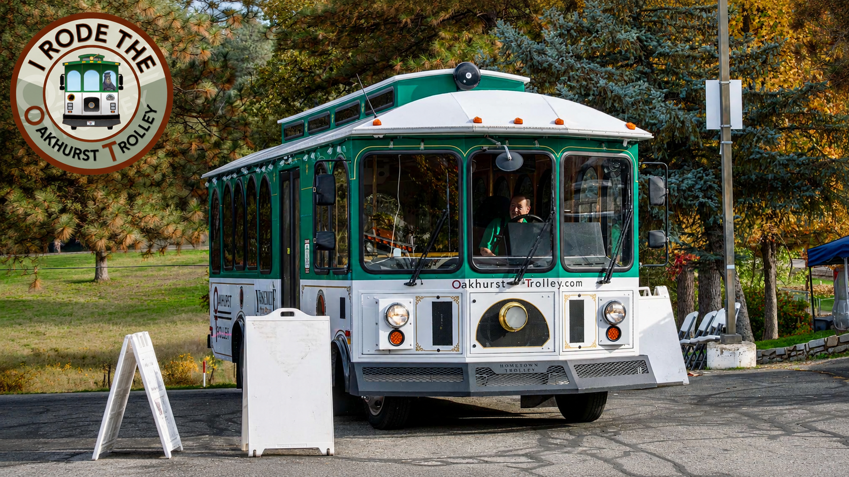 Oakhurst Trolley in Oakhurst, California, providing transportation for Yosemite Celtic Festival visitors