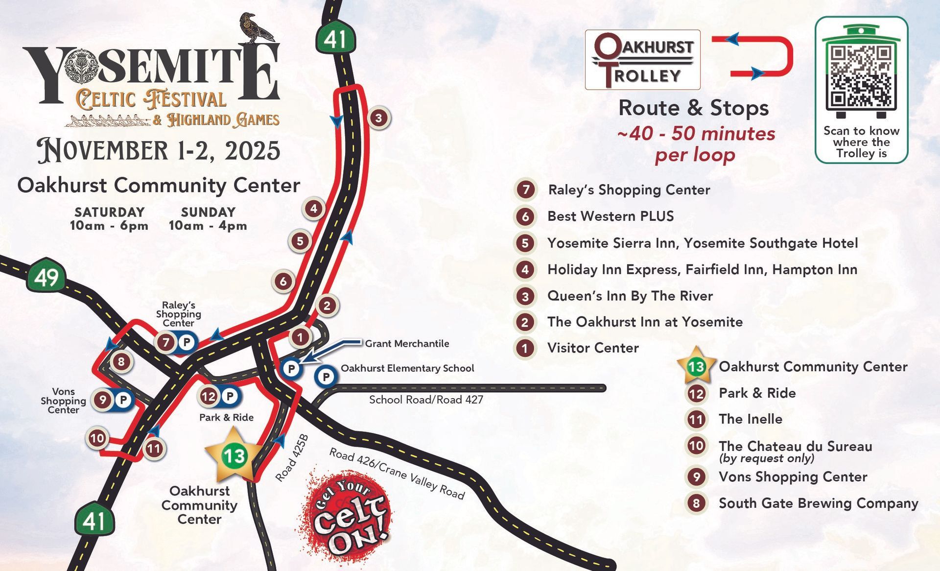 Map of Yosemite Celtic Festival trolley route with stops around Oakhurst.